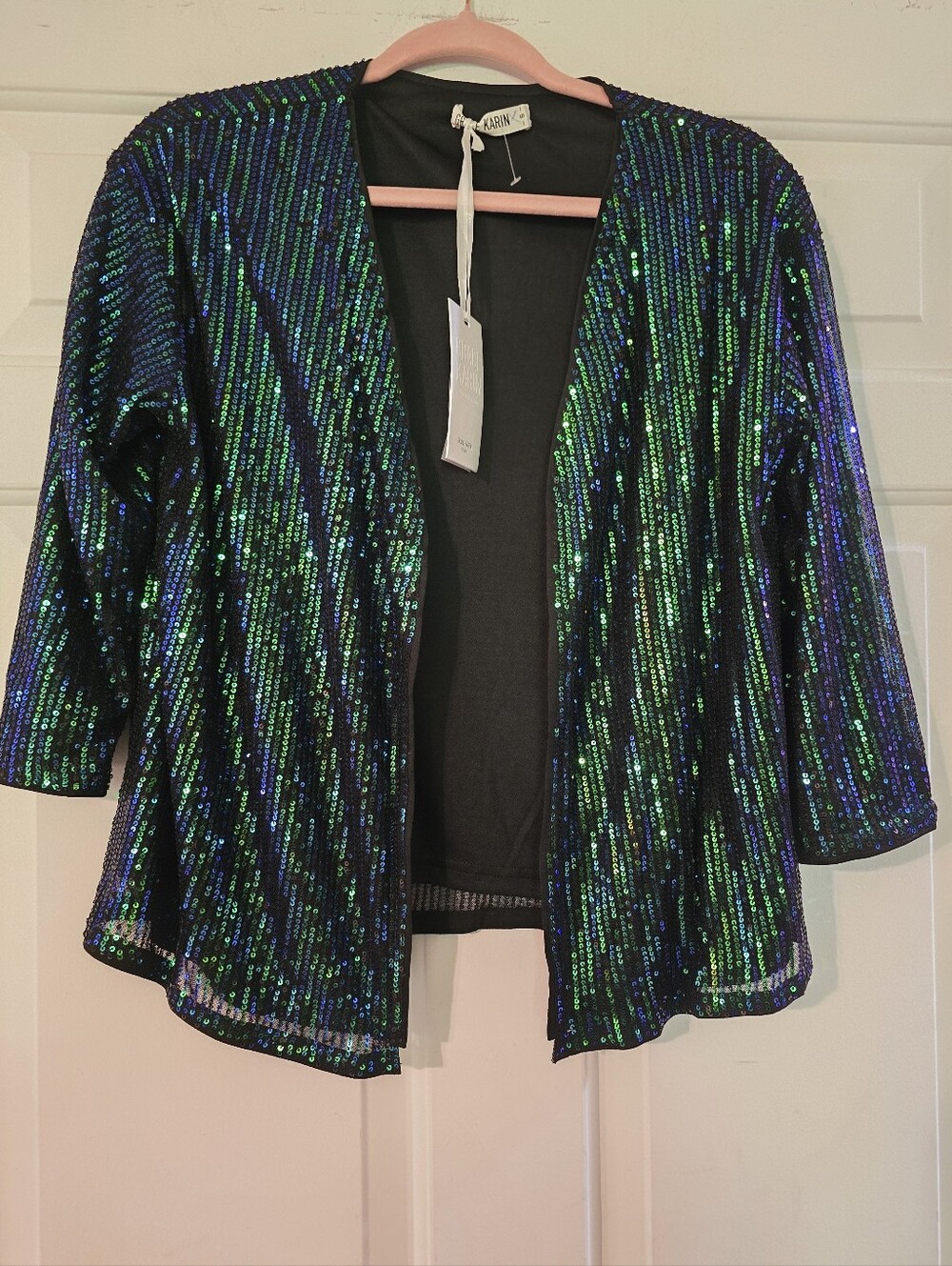 Grace Karin Iridescent Green and Blue Sequin Open-Front Blazer